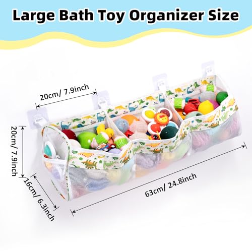 Dinosaur Bath Toy Organizer - 3 Compartment Storage with Hooks