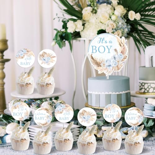 Blue Boho Baby Shower Cake Toppers Set - 25pcs Pampas Grass