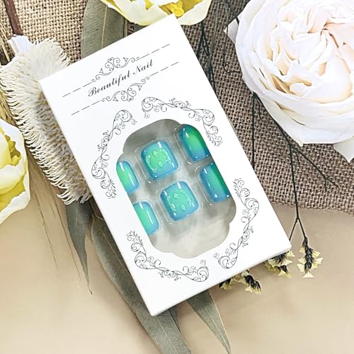 Square Press-On False Nails Set Blue French Pattern 24pcs