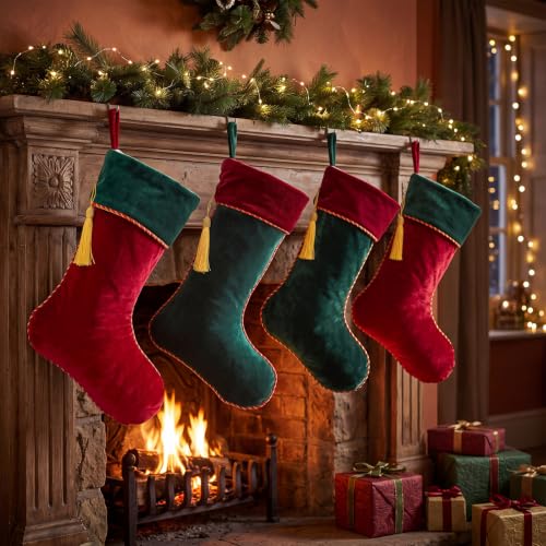 Kinlop 4 Pcs Velvet Christmas Stockings - Dark Green, 18 Inch Holiday Decor