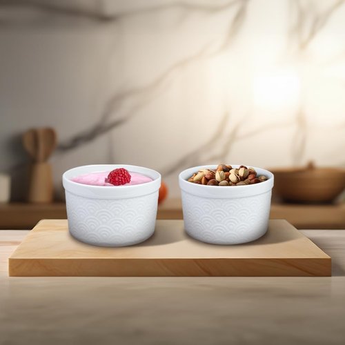 Maison Neuve 4pc Oven Safe Ramekin Set, 8 oz, White Embossed with Textured Design, Small Bowls, Ceramic Baking Dishes, Ideal for Soufflés, Dips, Sauces, and Desserts, Rainbow style Design