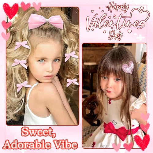 Pink Heart Hair Bows and Sequin Clips Set for Women and Teens