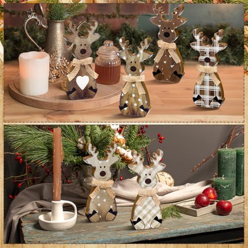 Wooden Reindeer Christmas Decor Set - Farmhouse Rustic Holiday Accent, 6 Pieces