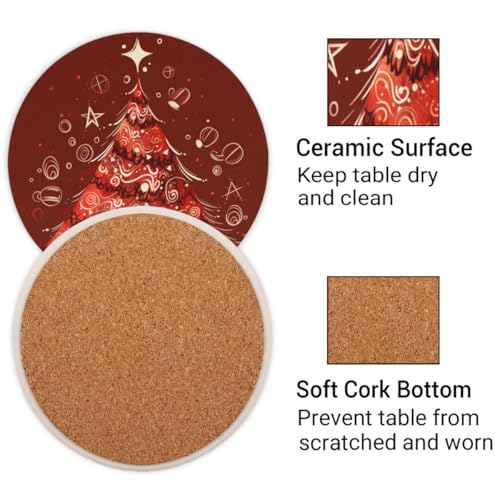 Christmas Tree Ceramic Coasters Set of 4 - Absorbent Stone Drink Mats with Cork Backing