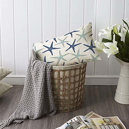 Nautical Starfish Throw Pillow Cover 12x20 Inch - Navy Blue Faux Linen
