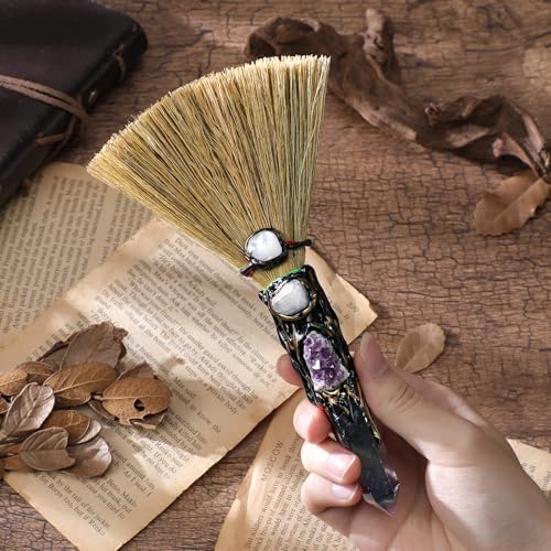 RENEMEGO Fluorite Witchcraft Broom - Wiccan Decor with Healing Crystals