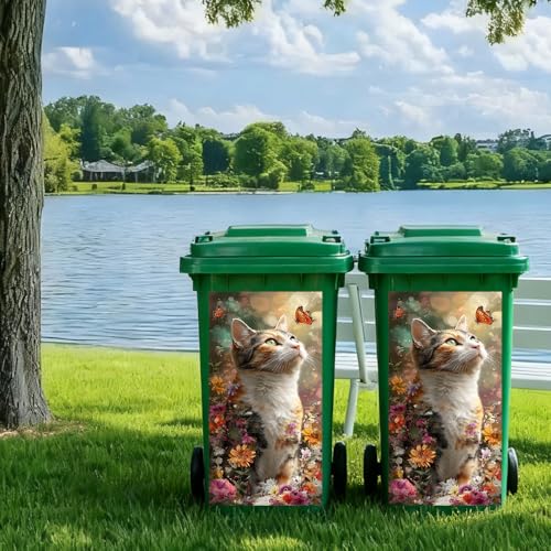 Cat and Butterfly Trash Can Sticker - 15x32 Inch PVC Decal