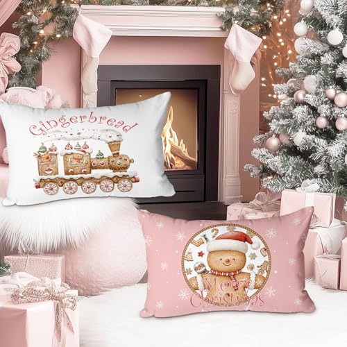 Christmas Throw Pillow Covers Set of 4 - 12x20 Pink Decorative Cushions