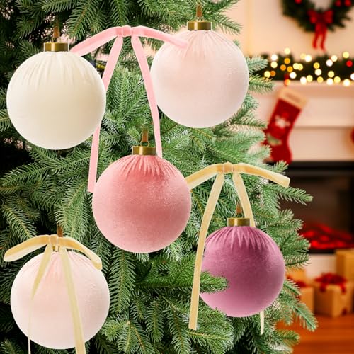 Pink Velvet Christmas Ornaments Set - 36 Pieces, 4 Inch Decorations with Bows