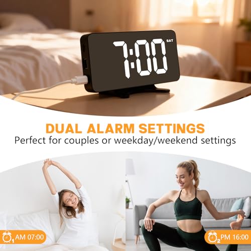 RUENVUE Digital Alarm Clock, Dimmable Dual Alarm for Bedroom, Black