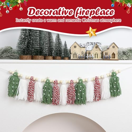 Christmas Wood Bead Tassel Garland - Boho Holiday Mantle & Wall Decor