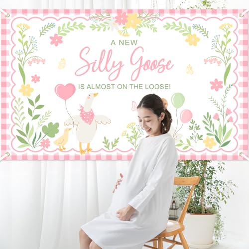 Silly Goose Baby Shower Banner - Pink Plaid Floral Backdrop (6x3.6ft)