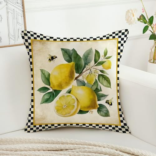 Lemon Decorative Pillow Covers 18x18 Inch Set of 2 - Black Plaid