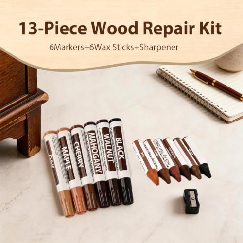 WEXLORQV 13-Piece Furniture Repair Kit with 6 Colors Touch-Up Markers