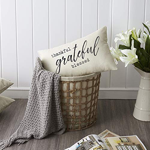 Thankful Grateful Blessed Farmhouse Lumbar Pillow Cover 12x20 Linen