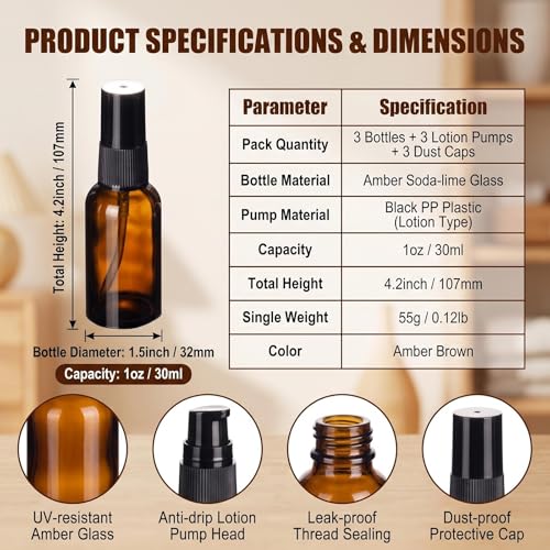 QUUPY 3-Pack 30ml Amber Glass Pump Bottles for Lotion and Essential Oils