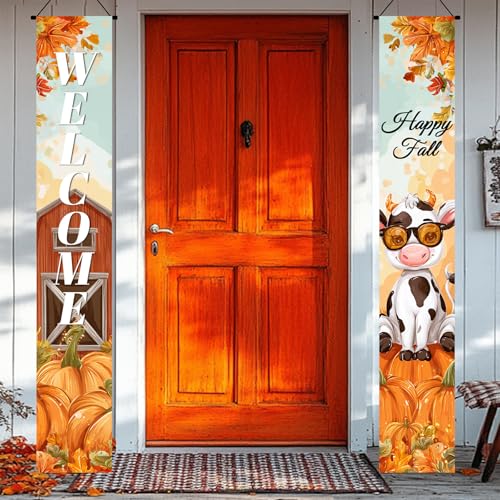 BlissYard Thanksgiving Porch Banner 12x71 Inch Cow Pumpkin Fall Decor