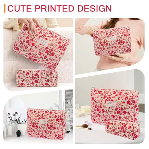 Gosect 2PC Floral Makeup Bag Set Cute Cotton Toiletry Organizer