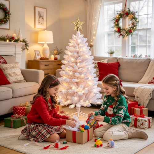4FT White Artificial Christmas Tree with Warm White String Lights - Small Holiday Tree - Dream Loom - White Variation