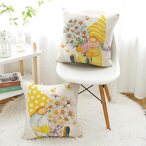 Yellow Outdoor Throw Pillow Covers 18x18 (Set of 4) - Daisy Floral Gnomes