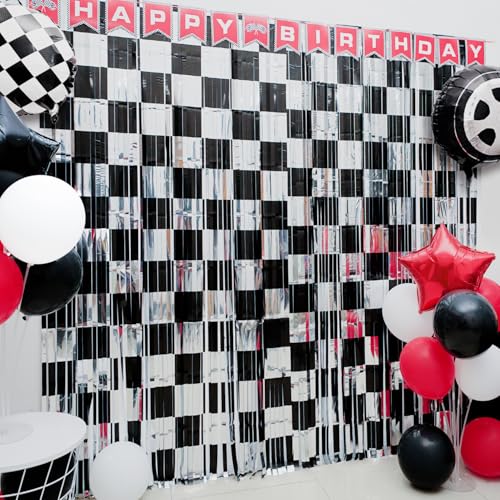 Black Silver Checker Streamer - 2 Pack Race Car Party Backdrop Curtains