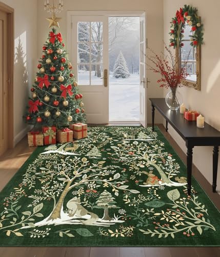 Green 5x7 Christmas Forest Rug with No-Slip Backing - Holiday Floor Mat for Dining & Living Rooms