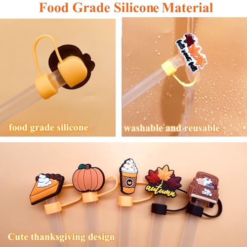 12pcs Fall Straw Toppers for Stanley Cup Thanksgiving Autumn Straw Covers 10mm Silicone Drinking Tip Covers for Stanley Cup Accessories