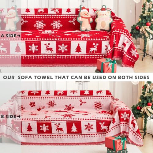 Reversible Christmas Sofa Slipcover Deer Snowflake Pattern Red White 134x71 with Tassels