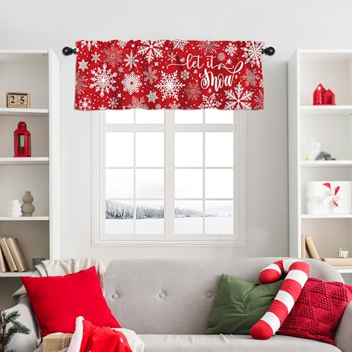 Christmas Snowflake Valance Curtain - Red Winter Short Window Treatment, 52 x 18 Inch, Pack of 1