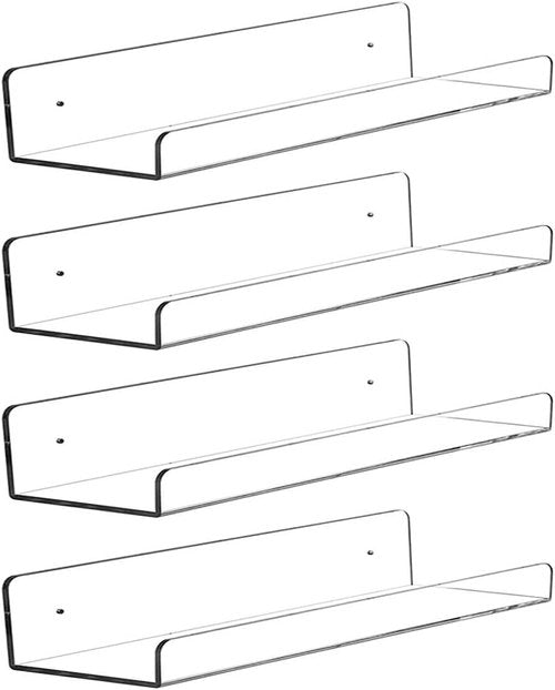 CY Craft Clear Acrylic Floating Shelves - 15 Inch Wall Mounted Storage Ledge | Set of 4 for Kitchen, Bathroom, Office