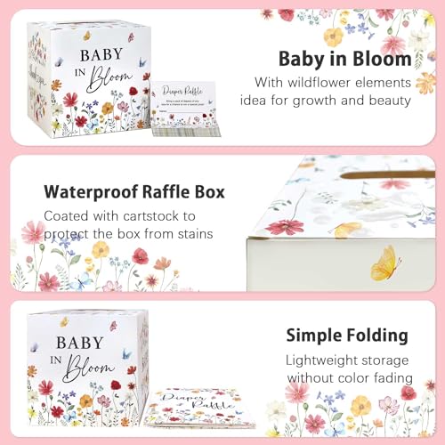Baby Shower Diaper Raffle Box with 50 Tickets Wildflower Design Gift Set