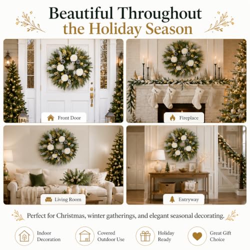 28 Inch Christmas Wreath with White Roses and Gold Decor for Front Door