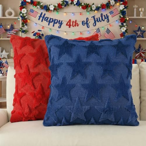 AVOIN Patriotic Stars Throw Pillow Covers, 18x18 Red & Blue, Set of 2