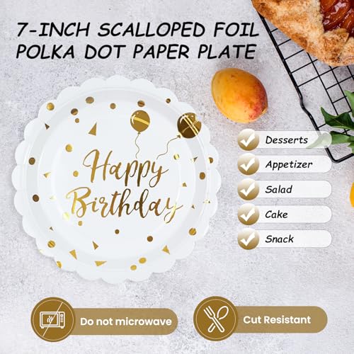 Happy Birthday Paper Plates and Napkins Set, White and Gold, 50PCS