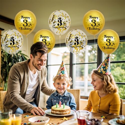 Gold 3rd Birthday Balloons - 18 Pcs with Confetti & Ribbon