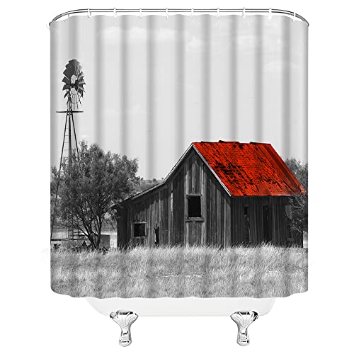Rustic Farmhouse Barn Shower Curtain - Gray Red Vintage Country 71x71
