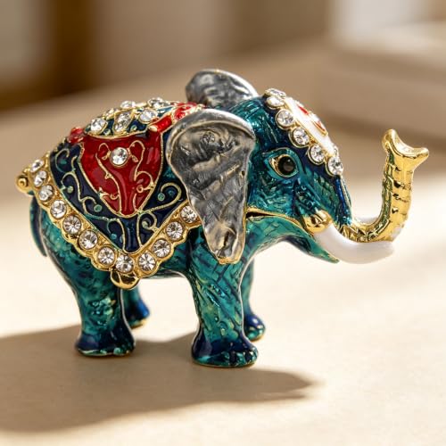 Blue Elephant Jewelry Box - Hand Painted Trinket & Gift Box, Hinged Figurine