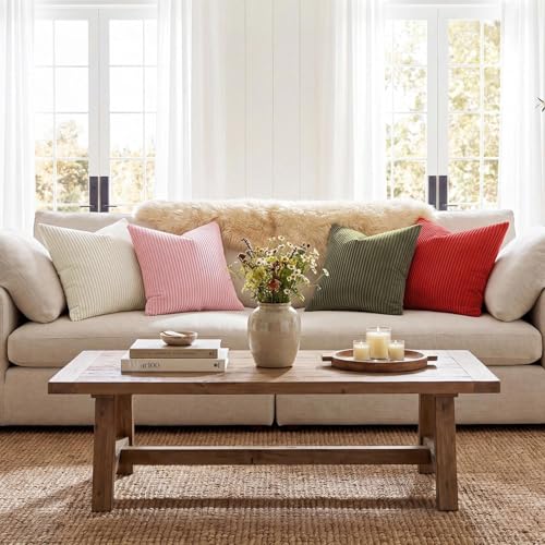 Softalker Striped Corduroy Pillow Covers, 18x18 Inch, Cream, Set of 2