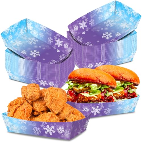 50 Pack Snowflake Paper Food Trays - Disposable Snack Boat for Winter Parties
