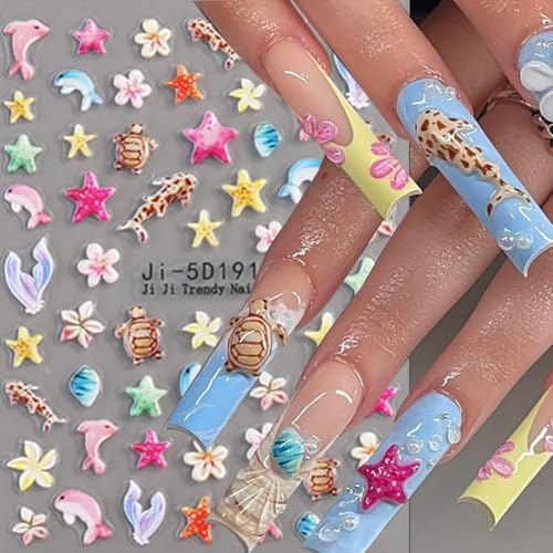 Ocean Nail Stickers 3 Sheets Summer Beach 5D Embossed Decals