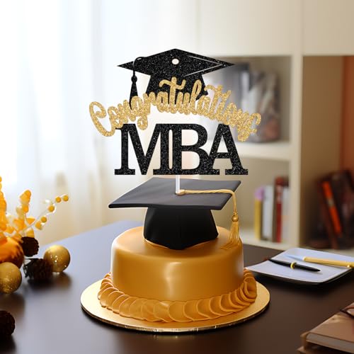 MBA Graduation Cake Topper - Black and Gold Glitter Decoration