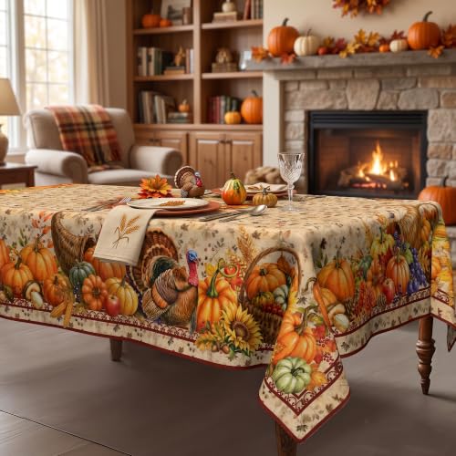 Thanksgiving Tablecloth 60x104 Inch Fall Harvest Border Waterproof Polyester