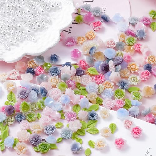 MOLILON 3D Flower Nail Charms Resin Rose and Leaf Art Decoration 100pcs