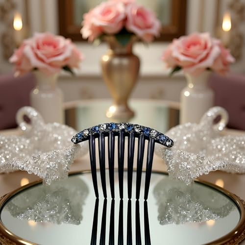 Blue Rhinestone Hair Comb Set - 2 Pcs Korean Style Seven-Tooth Combs