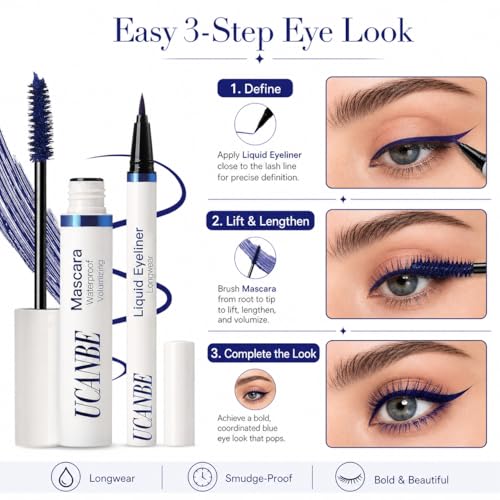 UCANBE Blue Mascara and Liquid Eyeliner Set Waterproof Eye Makeup Duo