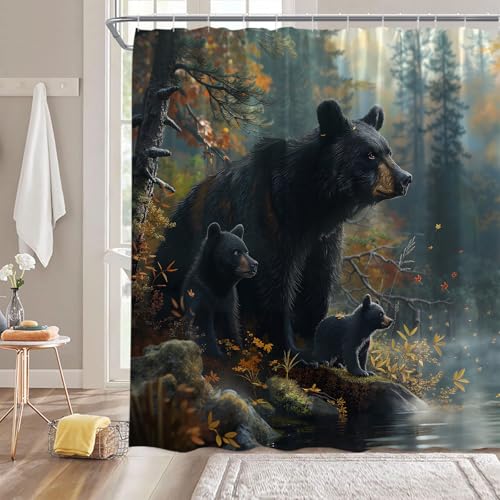 Rustic Black Bear Shower Curtain 70x70 Inches with Hooks