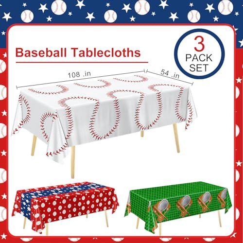 Baseball Party Tablecloths - 3-Pack Disposable Plastic Covers 54 x 108 Inch