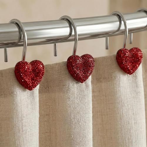 Red Heart Shower Curtain Hooks with Crystal Rhinestones - 12 Pcs