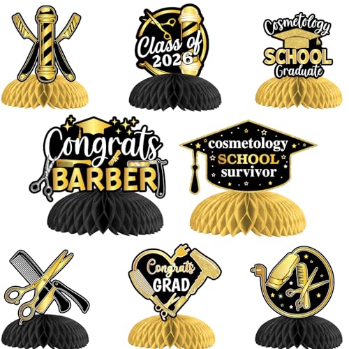 Barber Graduation Honeycomb Centerpieces - 8pcs Black Gold Decor