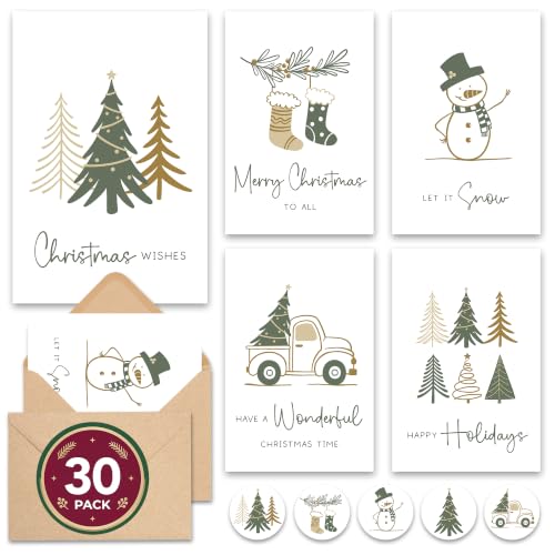 Minimal Christmas Cards with Envelopes and Stickers - 30 Pack
